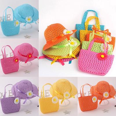 Girls Sun Hat Flower Children Princess Summer Straw Cap Kids Fashion Handbag Suit Set Decoration Beach Bag Weave