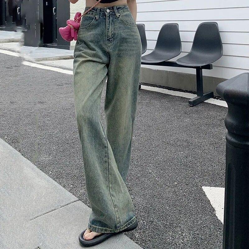 2000s Vintage Lengthen Straight Jeans Women Chic Korean High Waist Washed Denim Pants Female Elegant Streetwear Loose Wide Leg Trousers