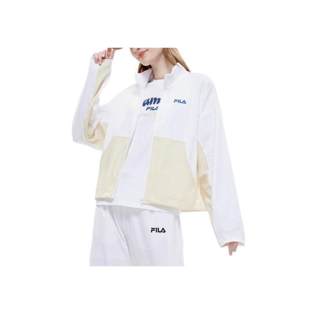 Fila Fusion Letter Logo Print Color Block Retro Sports Color-Blocked Stand Collar Knitted Long Sleeve Jacket Women jackets White Pink T11W232502F-IV