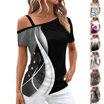 Women's Off Shoulder Tops Pleated Asymmetrical Neck Short Sleeve Prints T Shirt Tops