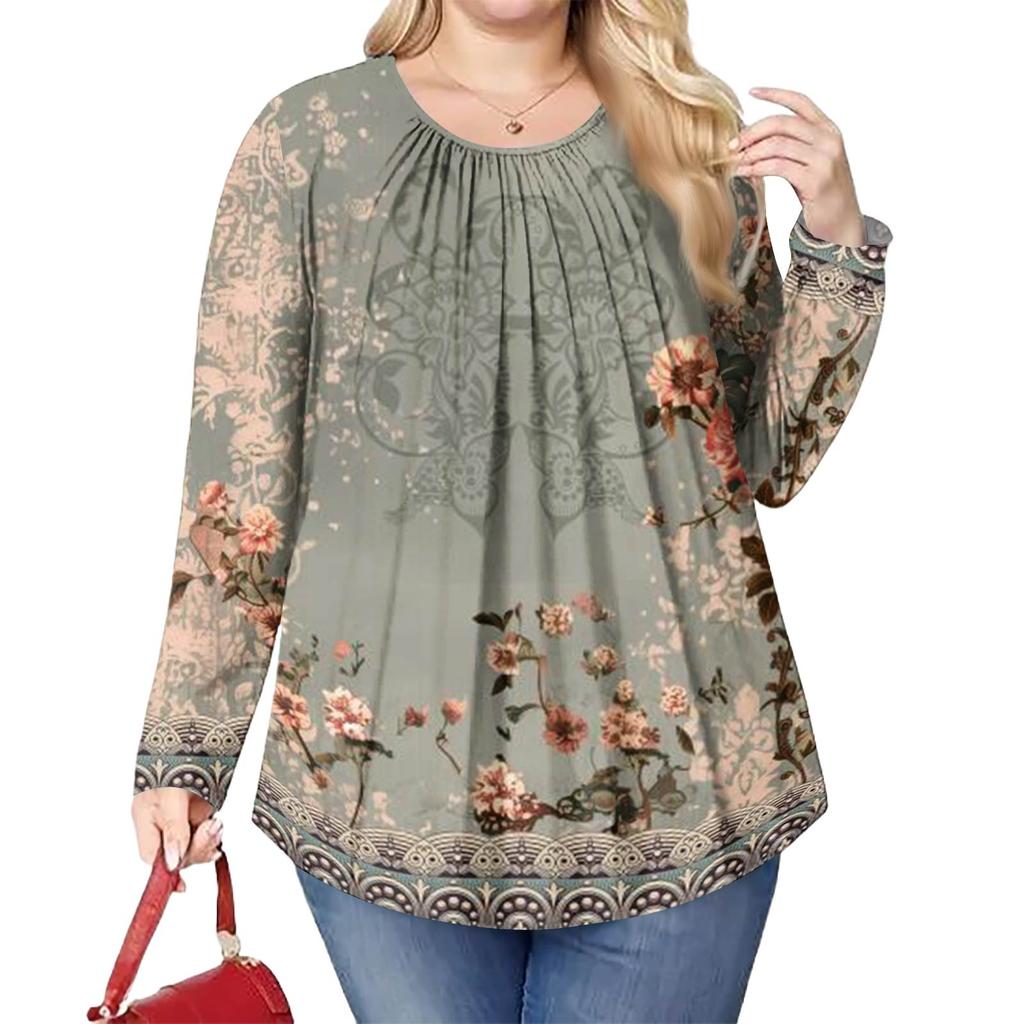 Women's Plus Size Fashion Printed Casual Pleated Round Neck Long Sleeve Top