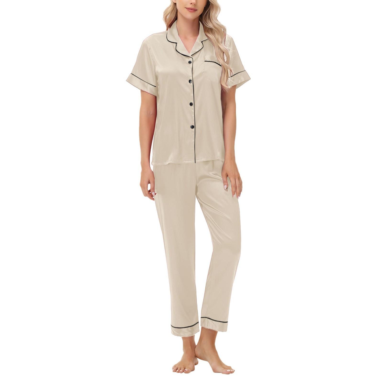 

Костюм из атласа Ice Silk с короткими рукавами и длинными брюками, женская домашняя одежда больших размеров L бежевый