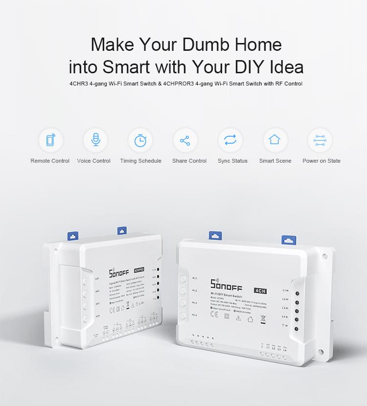 Sonoff 4CH PRO R3: Upgraded 4-way Smart Switch with Voice Control for Home Automation.