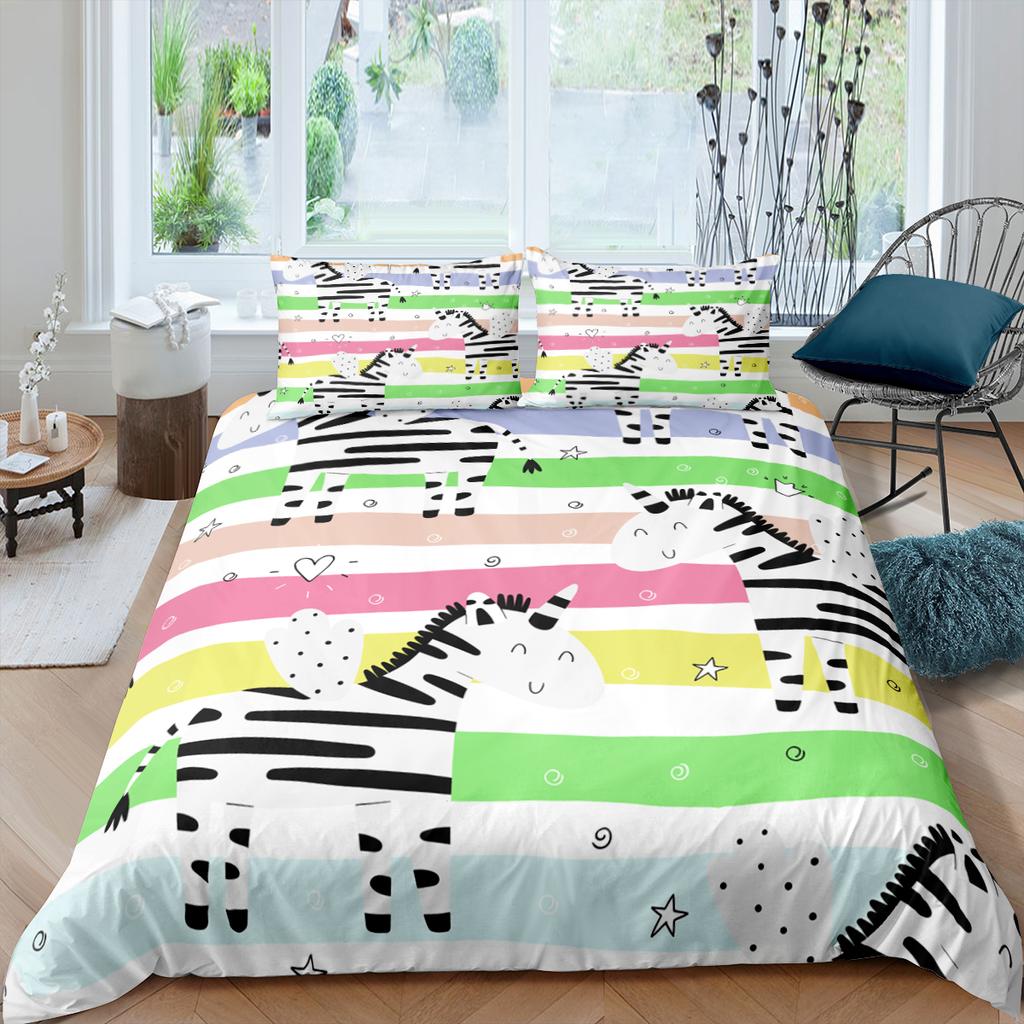 Funda Nórdica de Animales de Dibujos Animados Rey Reina Elefante Jirafa León Juego de Cama para Niños Vida Salvaje Amarillo 2/3 Piezas Funda de Colcha de Poliéster