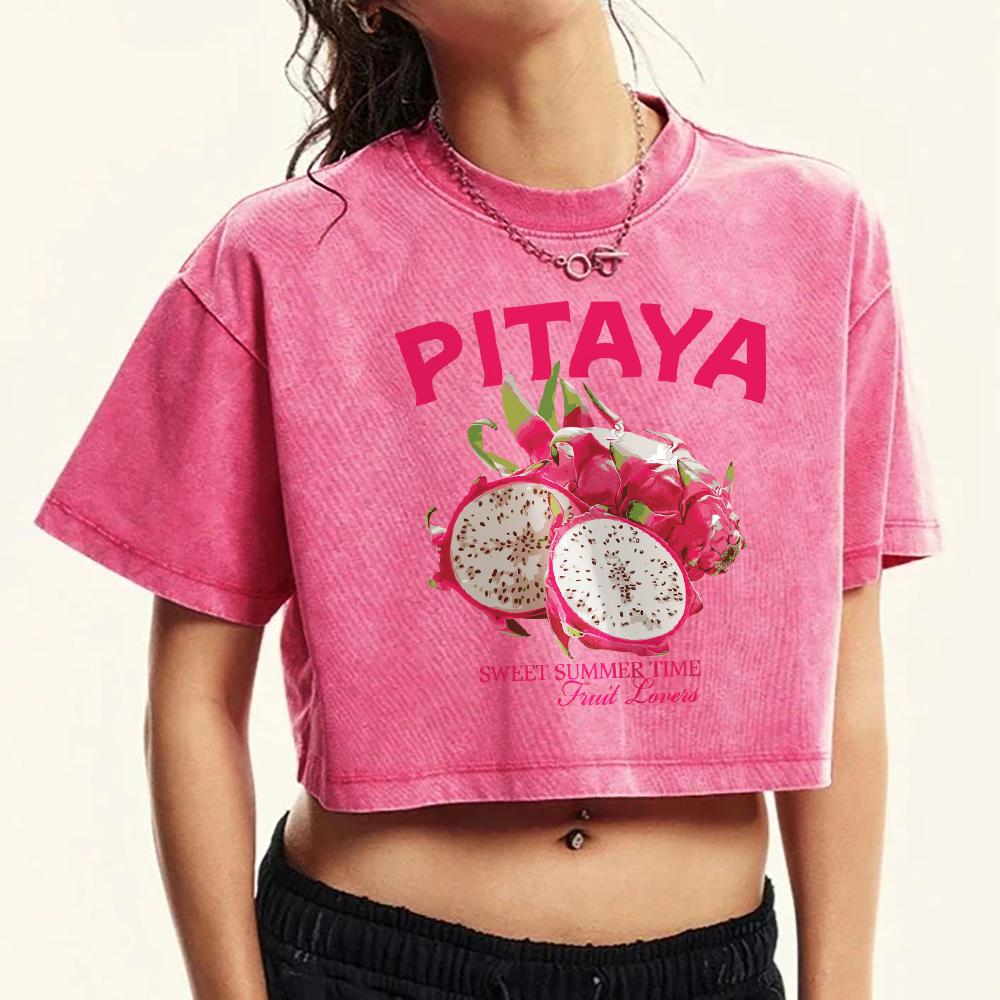 Fresh Fruit Pitaya Print Women Washed T-Shirt Casual Multicolor T Shirts Soft Slim Street Tee Cotton Crop Female Top