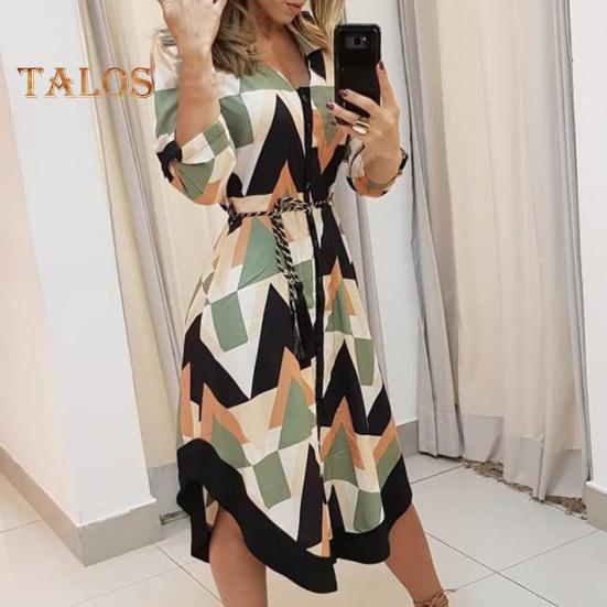 Damen-Midikleid mit Knopfleiste und V-Ausschnitt, langärmliges Kleid mit Schnürung und Aufdruck, lässiges Sommeroutfit für den Alltag, Urlaub, Club, Cocktailparty