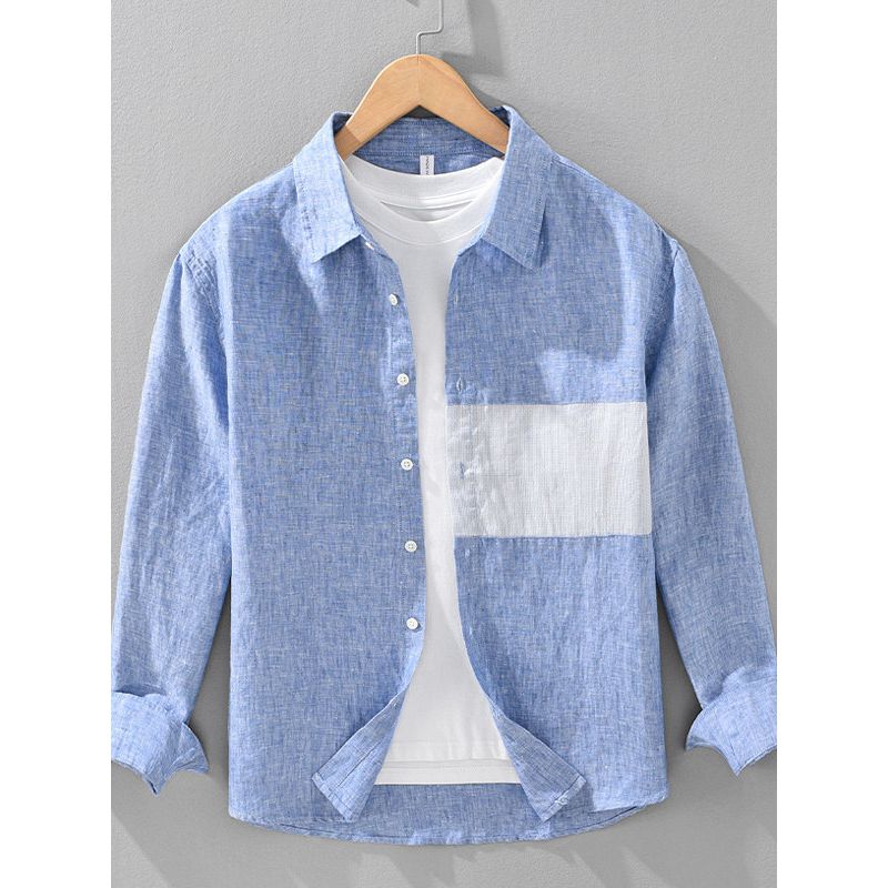 Foreign Trade Surplus Pure Linen Patchwork Long-Sleeve Shirt for Men, New Spring/Autumn Trendy Casual Retro Design Shirt