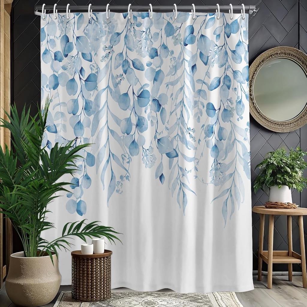Rustic Brown Leaf Shower Curtain with Hooks, Watercolor Botanical Eucalyptus Bathroom Decor, Boho Farmhouse Waterproof Polyester