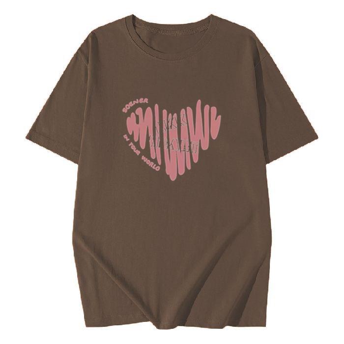Plus Size Cotton T-Shirt - Women's Summer Short Sleeve Pink Heart Mid-Length Loose European Style