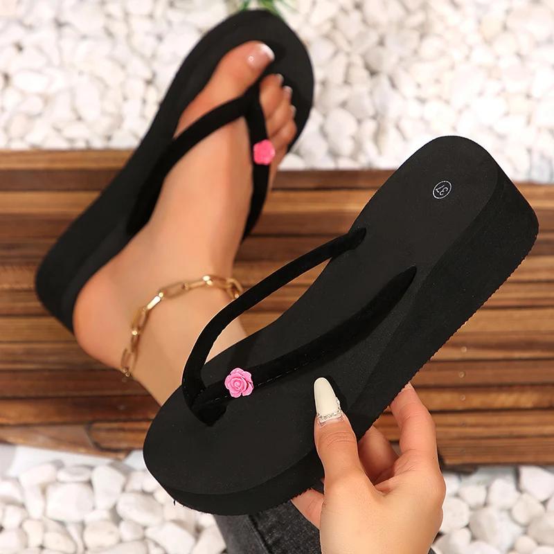 

Fashion Women s Flower Decor Med Heel Flip Flops Simple Style Black Wedge Clip Toe Slides Woman Summer Outdoor Med Heel Slippers Mujer 42 розовый