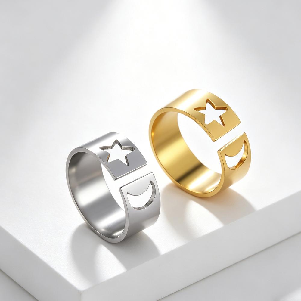 Lovely Moon Star Stainless Steel Ring Women Resizable Casual Finger Rings Anniversary Gift Jewelry