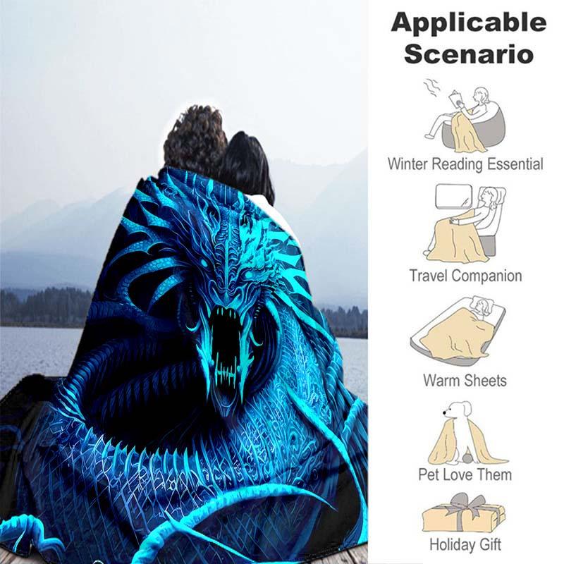 1pc Blue Ice Dragon Blanket For Home- Lightweight Flannel Throw For Sofa, Bed, Travel, Camping
