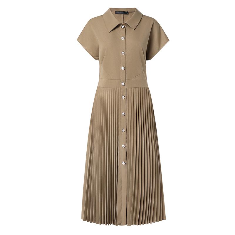 ZANZEA Women Casual Turn Down Collar Solid Color Short Sleeve Pleated Dress