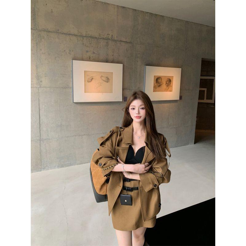 Kumikumi Pure Desire Style Set Temperament Long sleeve Trench coat Outerwear Women Autumn High Waist Slimming Skirt Two-piece Set