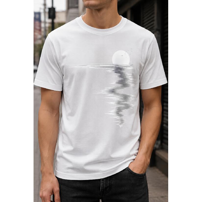 Plus Size - Men's T-Shirt S-5XL Featuring a Minimalist Moon and Water Reflection Graphic Print, Casual Short-Sleeve Crew-Neck Top With a Relaxed Fit,