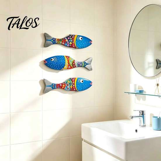 Wooden Fish Wall Art 3Pcs Decor, Boho Polka Dot Painted Ornaments, Ocean Modern Minimalist Theme Hanging for Bathroom Nursery Bedroom Living