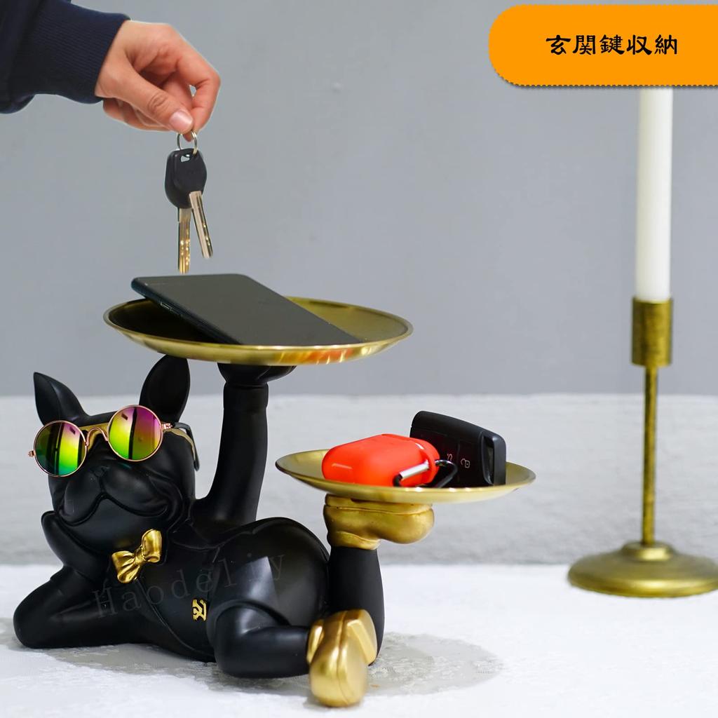 2 Plates Lying Dog with 2 Gold Storage Funny French Gift Card Dog Offering Glasses Funny Birthday Creative Dog Key and Other Small Item Tabletop