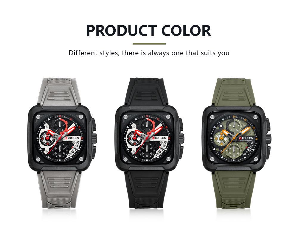 CURREN 8461 Men's Square Sports Watch with Silicone Strap and Multifunctional Six-Needle Calendar