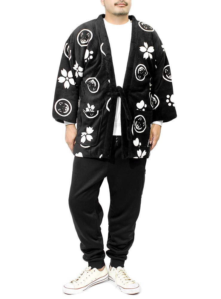 Wankodo Men's Warm Hanten Jacket, Large Size, Boa Fabric, Arabesque Print, Shiba Inu, Kyoto-Originated Mascot, Wankodo Chanchanko, Size 4L, Black
