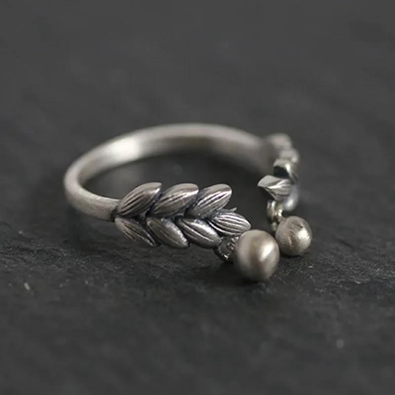 Literary Retro Wheat Ear Thai Silver Color Adjustable Ring Women Creative Round Beads Tassel Party Vacation  Accessories