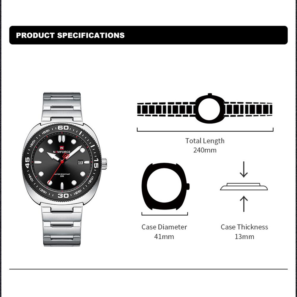 NAVIFORCE Men's Watch Quartz Calendar Luminous Pointer Stainless Steel Strap Waterproof Fashion Casual Watch NF9250