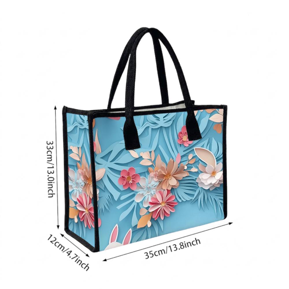 Fashion Floral Bunny Pattern Tote Bag Large Capacity Casual Portable Daily Shopping Shoulder Handbag