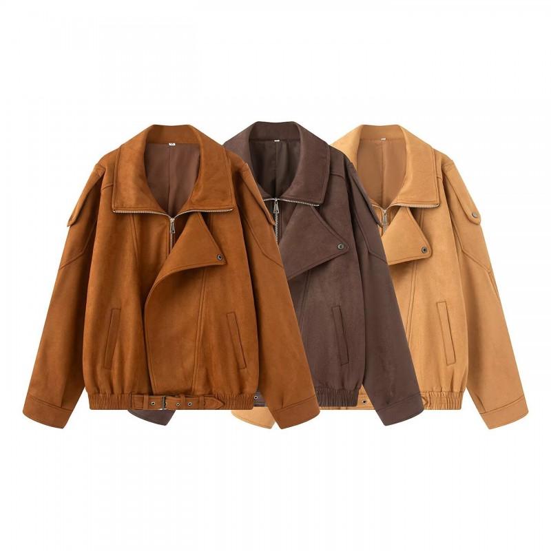 Womens Oversized Faux Suede Jacket 2025 Streetwear Long Sleeve Zip-Up Coat In Brown Shades