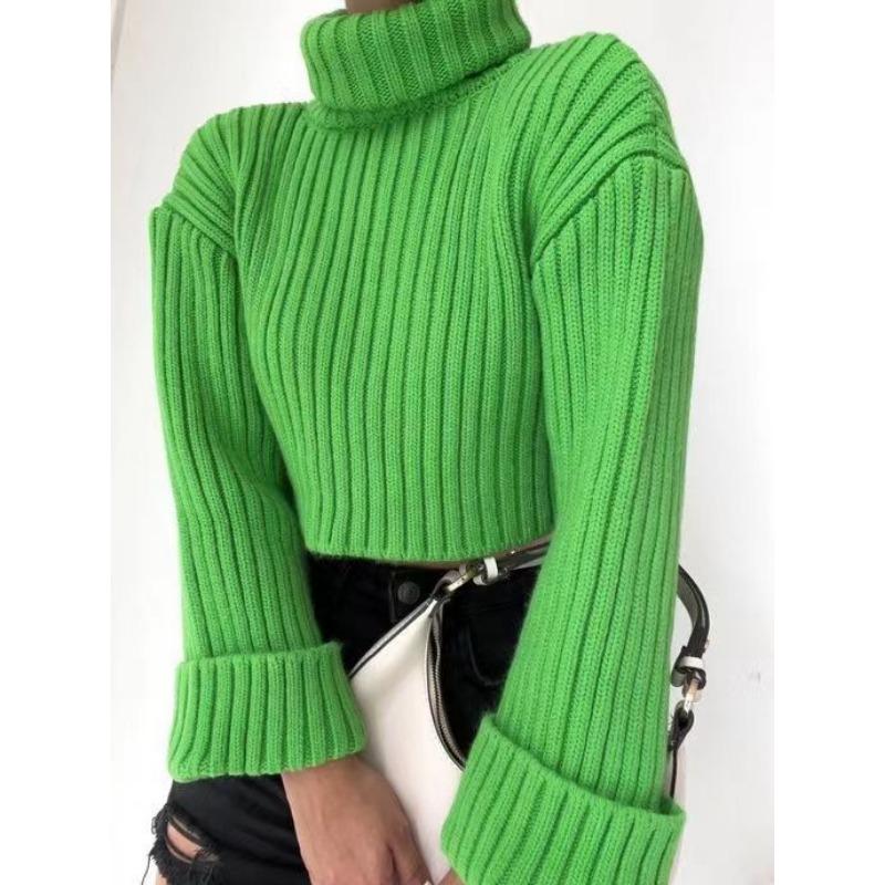 High Neck Sweater Women's Fall Women's Solid Color Striped Short Section Flare Sleeve Knit Sweater Women Jacket Comfortable and Versatile