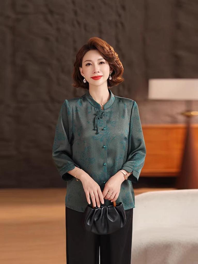 Stylish Summer Jacquard Shirt for Middle-Aged & Elderly Women - Plus Size, Nine-Sleeve, Stand-Up Collar, New Chinese Style