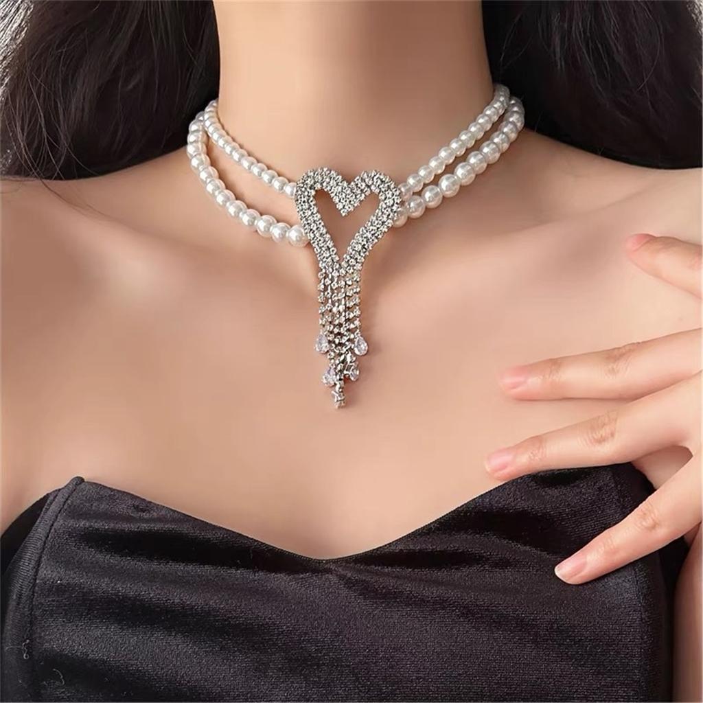 Fashion Light Luxury High Tooxika Sense Of Double Pearl Flash Diamond Love Tassel Necklace Necklace Collar Chain Collarbone Chain