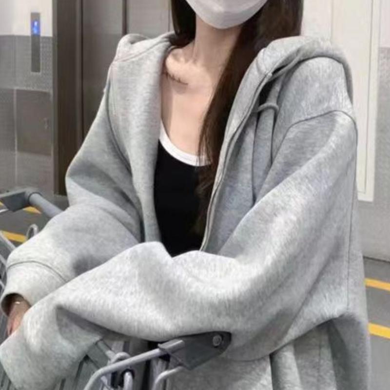 Thin Loose Casual Sweatshirt Jacket for Women Spring and Autumn Korean Lazy Style Hooded Zipper Sweatshirt for Women Long-sleeved Cardigan