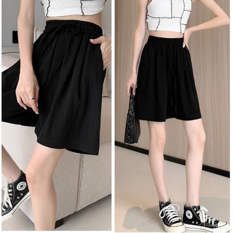Muscle Sense Shorts, Women's Summer Thin Elastic Waist Loose Straight Pleated Cool Pants, Thin Wide Leg Five Pants