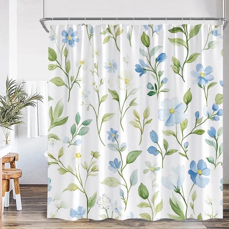 Blue Leaf Watercolor Plant Shower Curtain Modern Minimalist Home Bathroom Decorative Fabric Shower Curtain with Hook