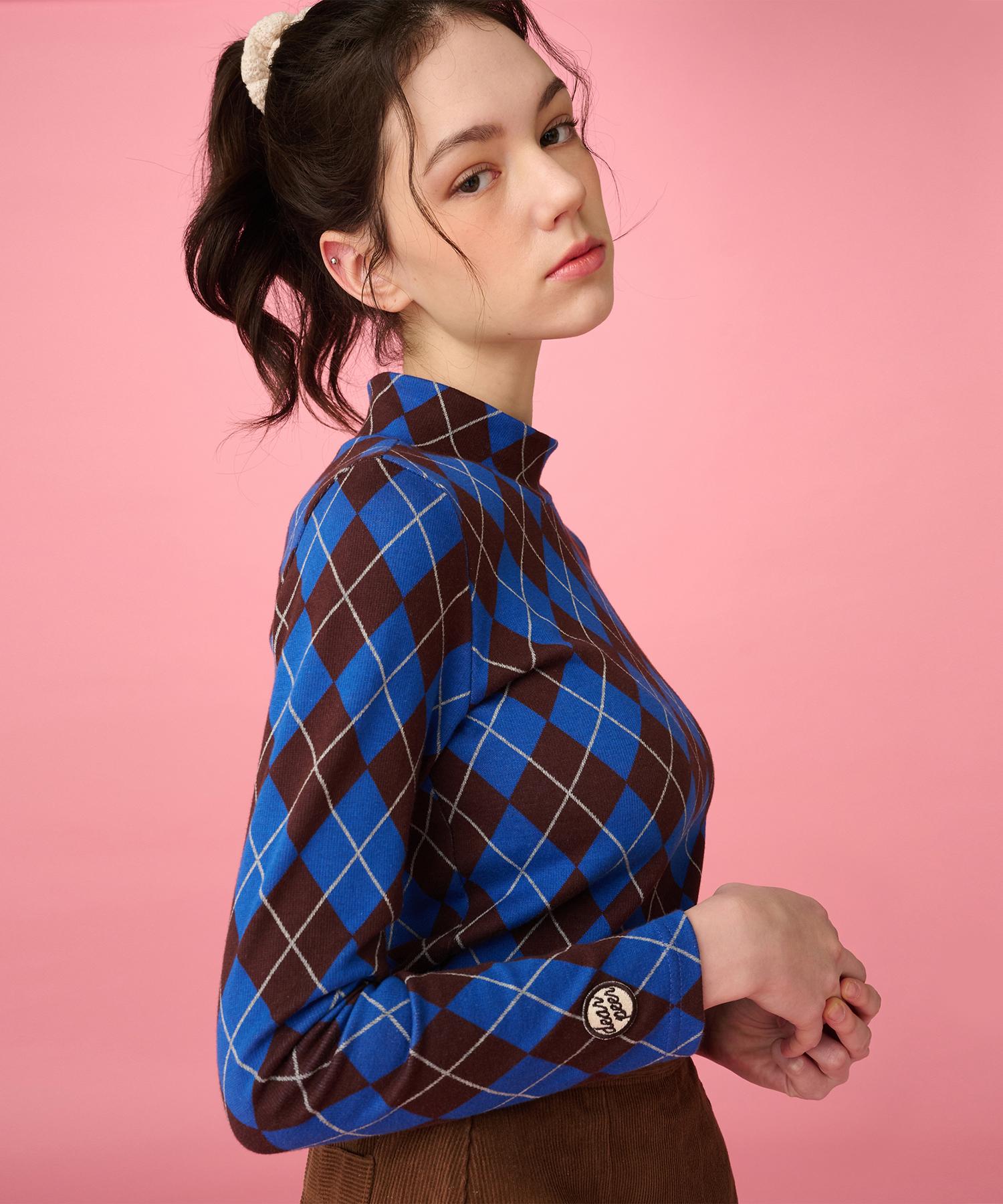Dear Fear Argyle High-Neck T-Shirt Navy Free