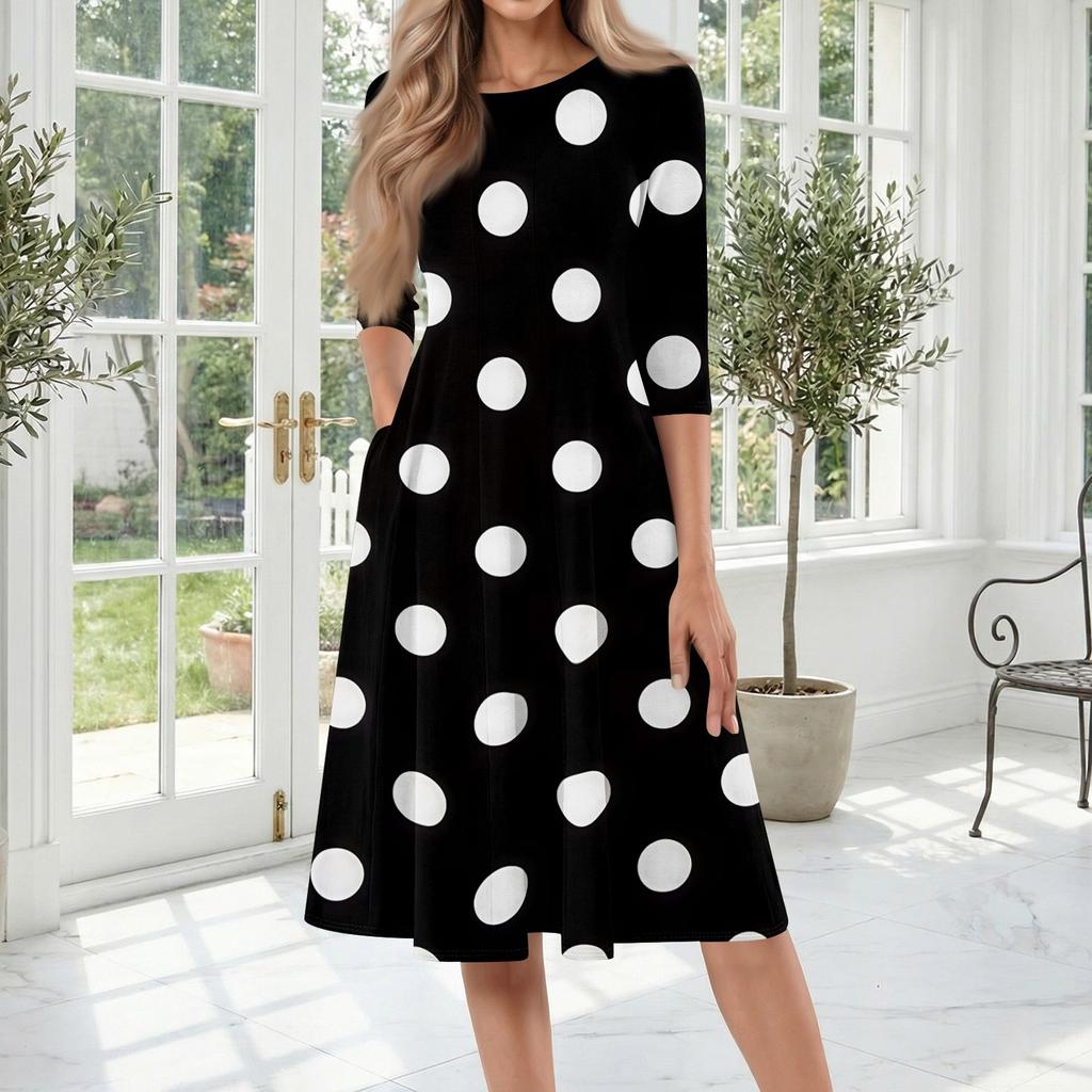 Women's Casual Fashion Round Neck Three Quarter Sleeve Polka Dot Printed Mid Length Dress Comfortable Loose Fit Everyday Wear