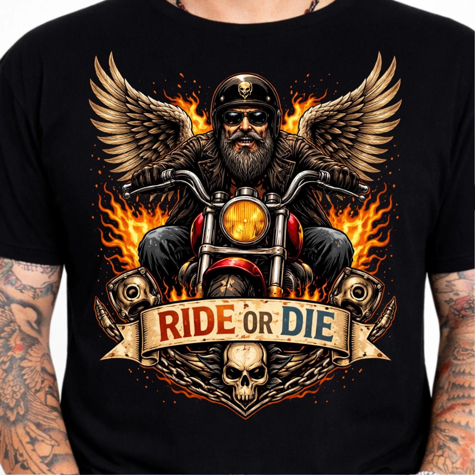 Ride or Die Winged Biker T-Shirt Bearded Rider Flaming Motorcycle Graphic Tee. XXXXL