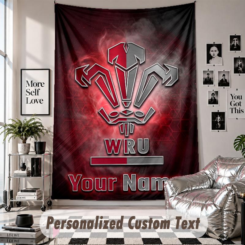 Wall Hanging Tapestry With Custom Name & Text, Wales Rugby Decorative Tapestry For Bedroom