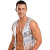 Mens Shiny Sequin Cowboy Vest Tops Open Front Sleeveless Tassels Cardigan