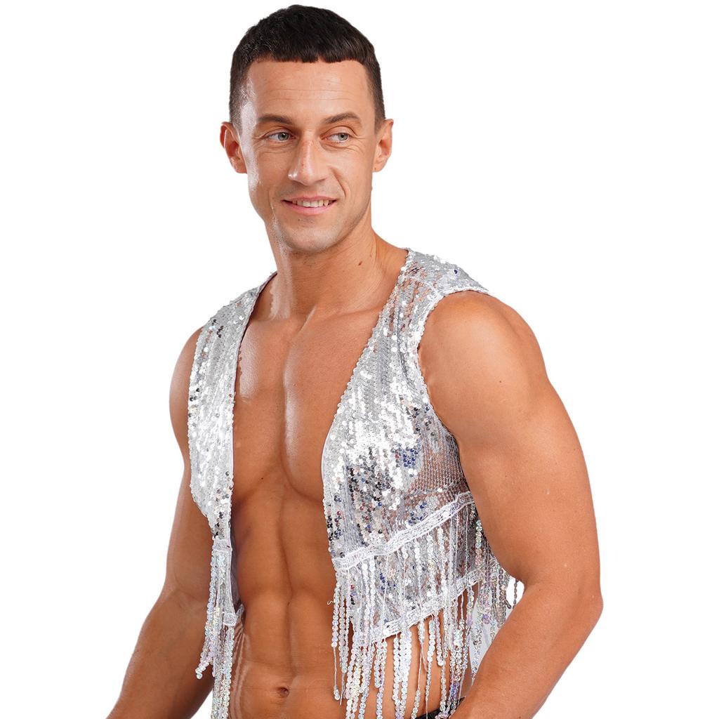 Mens Shiny Sequin Cowboy Vest Tops Open Front Sleeveless Tassels Cardigan