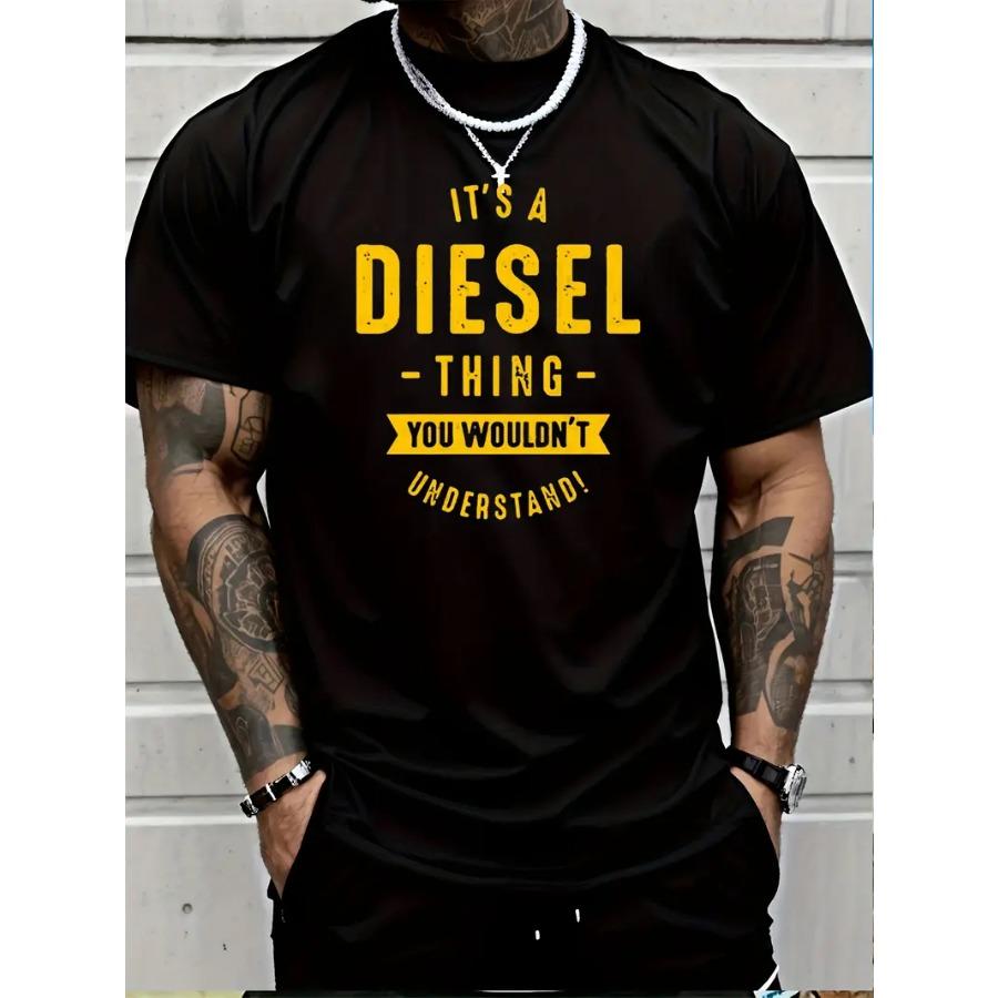 Men's Quick-Dry Breathable Casual T-Shirt with Bold "It's a Diesel Thing" Letter Print Graphic Tee for Outdoor Sports