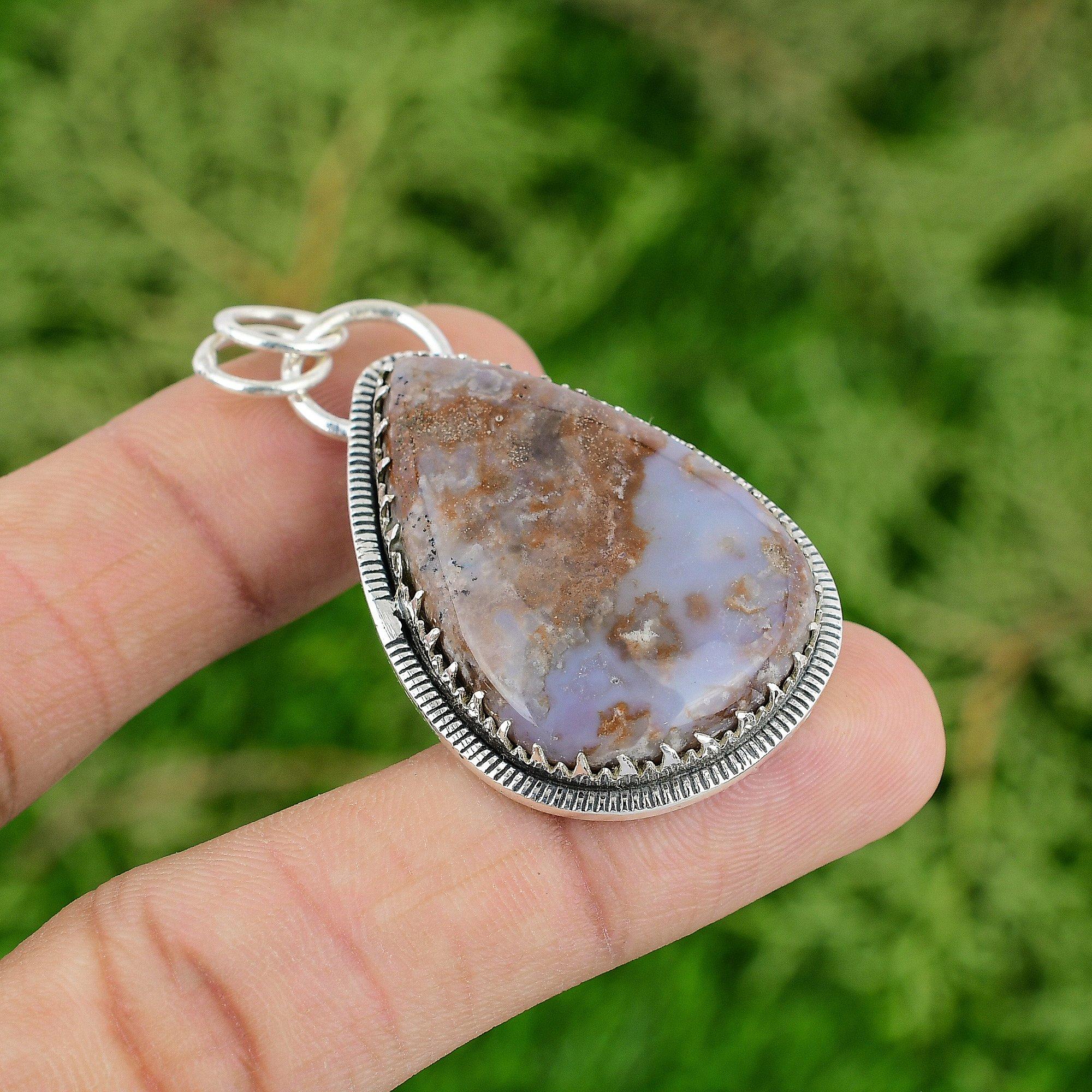 

925 Silver Pear Natural Polka Dot Agate Bezel Wife Wedding Unique Boho Pendant