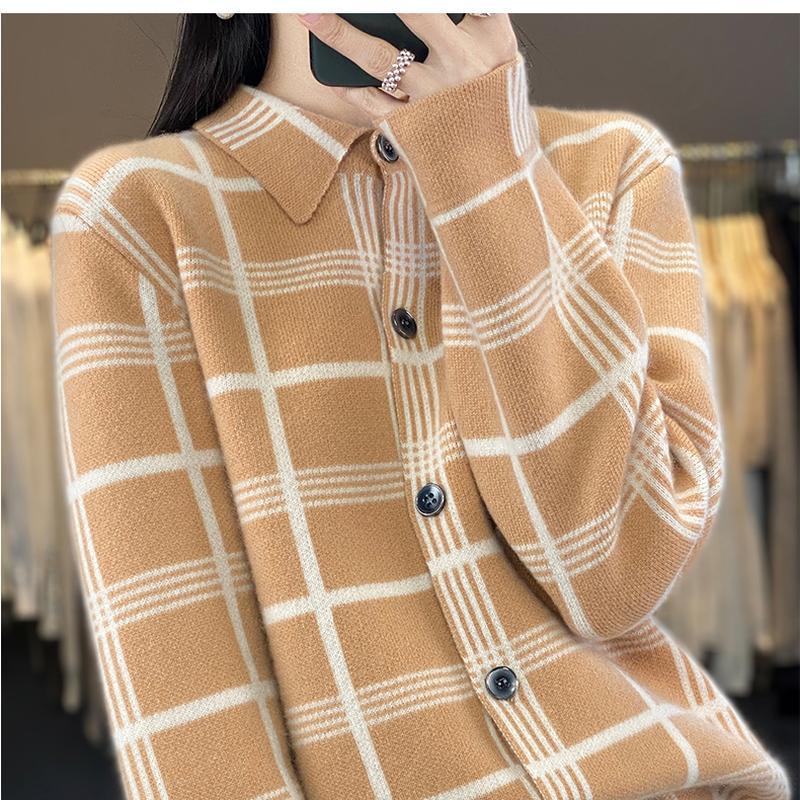 Autumn Winter New 100% Cashmere Wool Women Sweater Tailored Collar Splicing Checker Cardigan Casual Knitted Soft Jacket Tops