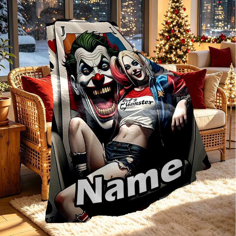 Custom Name Personalized Harley Quinn Joker Print Blanket, Home Decor, Bedroom, Sofa, Camping, Couch, Gifts for Birthday Christmas
