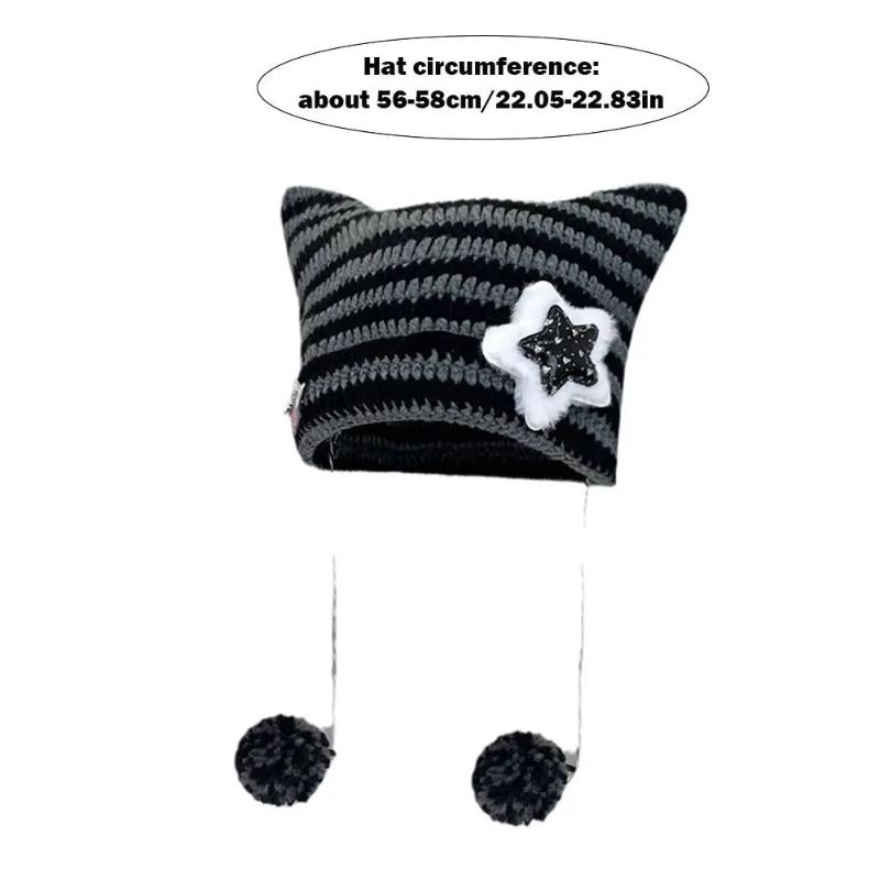 New Cute Cat-ear Warm Woolen Cap for Women, Korean Style Fashionable Pullover Cap, Striped Knitted Cap for Autumn and Winter