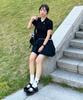 KNITTED (W) Linen Cable Collar Crop Half Knit Black