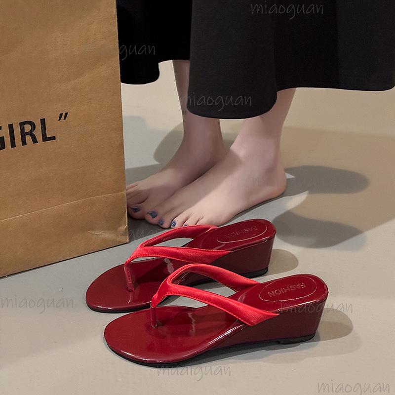 Fashion Wedges High-heeled Flip Flops Summer Footwear Women Leopard Solid Color Beach Sandals Fashion Casual Slippers Zapatos De Mujer