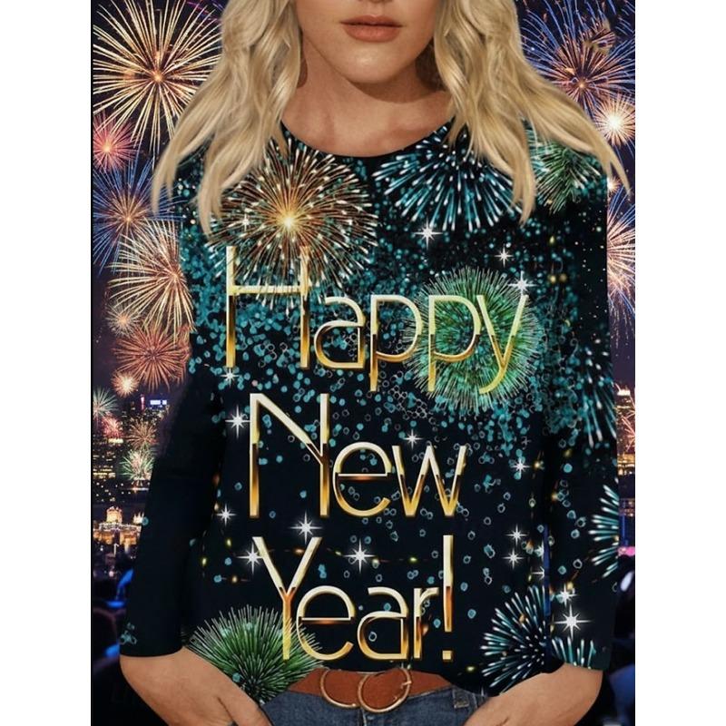 New Year Women's T Shirt Print Graphic Geometric Vintage Stylish Casual Long Sleeve Crew Neck Round Neck Regular Tops