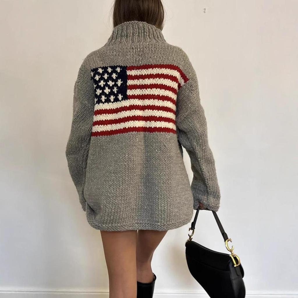 Y2K Plus Size Knit National Flag Jacquard Sweater - Retro Street Style, Loose Fit, Warm for Autumn/Winter.