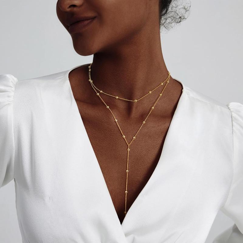 Lariat Gold Necklace for Women, 14k Gold Plated/Stainless Steel Silver Y-Shaped Pendant Trendy Beaded Chain Drop Necklaces Gifts