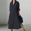 New Women's Solid Color Long Sleeve Irregular Slit Cotton Linen Dress